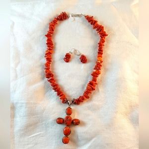 Coral large chip with Coral cross pendant with earrings